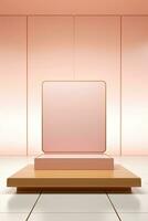 generativ ai, ein leeren Podium mit Blatt Schatten und Geometrie im Beige Farbe zum Produkt Anzeige, leeren Anzeige Ausstellungsraum foto