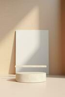 generativ ai, ein leeren Podium mit Blatt Schatten und Geometrie im Beige Farbe zum Produkt Anzeige, leeren Anzeige Ausstellungsraum foto