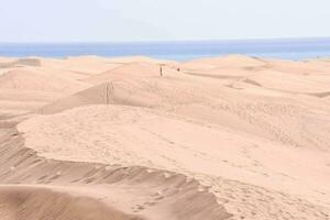 ein Person Gehen auf das Sand Dünen in der Nähe von das Ozean foto