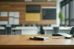 ai generiert Holz Tabelle mit verschwommen im Büro Innere Raum Hintergrund foto