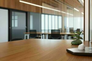 ai generiert Holz Tabelle mit verschwommen im Büro Innere Raum Hintergrund foto