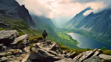 ai generiert ein Person Stehen auf ein Felsen mit Blick auf ein See und Berge foto