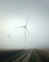 verlängerbar Energie Wind Bauernhof im ein nebelig Feld. ai generiert foto