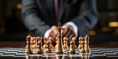 Geschäftsmann Steuerung Schach Spiel Konzept zum Ideen Geschäft Strategie Management, Entwicklung Neu Strategie planen, Führer und Zusammenarbeit, Planung zum Wettbewerb, ai generativ foto