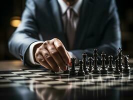 Geschäftsmann Steuerung Schach Spiel Konzept zum Ideen Geschäft Strategie Management, Entwicklung Neu Strategie planen, Führer und Zusammenarbeit, Planung zum Wettbewerb, ai generativ foto