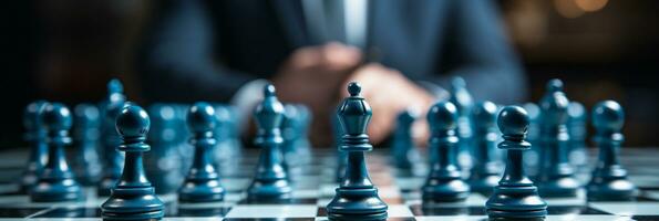 Geschäftsmann Steuerung Schach Spiel Konzept zum Ideen Geschäft Strategie Management, Entwicklung Neu Strategie planen, Führer und Zusammenarbeit, Planung zum Wettbewerb, ai generativ foto