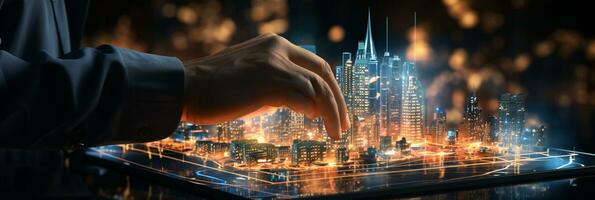 Geschäftsmann Hände berühren auf virtuell futuristisch Cyber Stadt, Netzwerk System, Digital Zukunft und Innovation im Stadt, Technologie Information, ai generativ foto
