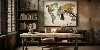 im industriellen Stil Zuhause Büro mit ein zurückgefordert Holz Schreibtisch Design und ein Bücherregal, ai generativ foto