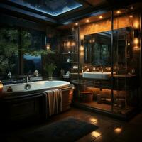 Innere Design von elegant Badezimmer, Luxus Badewanne, romantisch Atmosphäre,, ai generativ foto