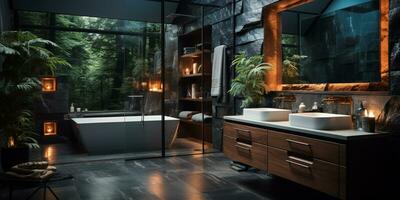 Innere Design von elegant Badezimmer, Luxus Badewanne, romantisch Atmosphäre,, ai generativ foto