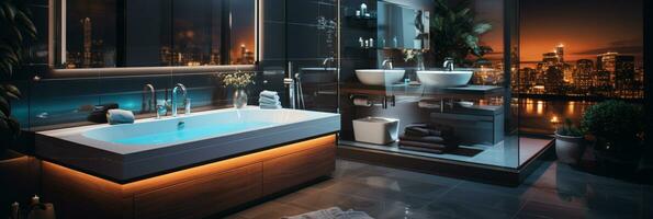 Innere Design von elegant Badezimmer, Luxus Badewanne, romantisch Atmosphäre, ai generativ foto