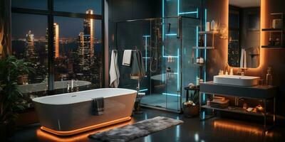 Innere Design von elegant Badezimmer, Luxus Badewanne, romantisch Atmosphäre,, ai generativ foto