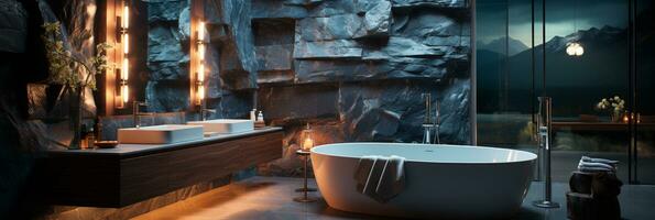 Innere Design von elegant Badezimmer, Luxus Badewanne, romantisch Atmosphäre,, ai generativ foto