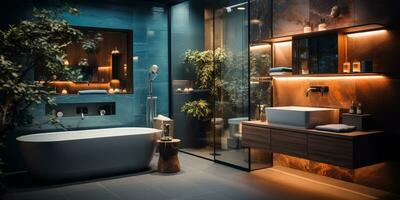 Innere Design von elegant Badezimmer, Luxus Badewanne, romantisch Atmosphäre, ai generativ foto