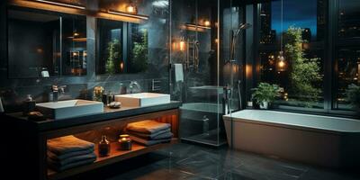 Innere Design von elegant Badezimmer, Luxus Badewanne, romantisch Atmosphäre, ai generativ foto