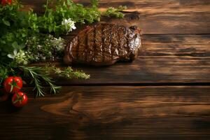 oben Aussicht Steak Präsentation auf hölzern Tisch, leeren Raum, ai generiert foto