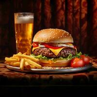 Käse Burger - - amerikanisch Käse Burger mit golden Französisch Fritten auf hölzern Tafel generiert ai foto