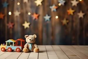 Bär Puppe und Sterne Element zum Feier Hintergrund mit Kopieren Raum, ai generiert foto