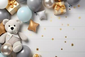 Party Thema Hintergrund mit bezaubernd Bär und Luftballons, ai generiert foto