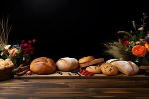 Bäckerei thematisch Hintergrund, hölzern Tabelle mit Mehl und brot, ai generiert foto