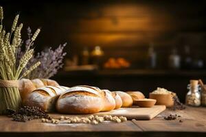 Hintergrund Szene, hölzern Tabelle mit Bäckerei Thema und Mehl, ai generiert foto