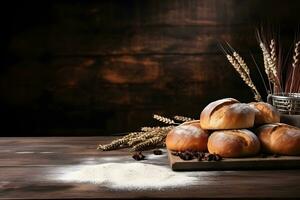 Bäckerei Mehl und Brot Ornamente auf ein hölzern Tisch, ai generiert foto