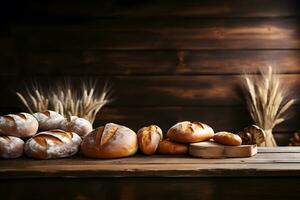 rustikal hölzern Tabelle mit Bäckerei Thema und Brot Mehl Dekor, ai generiert foto