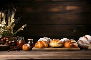 Bäckerei gestylt hölzern Tabelle mit Mehl und Brot Akzente, ai generiert foto