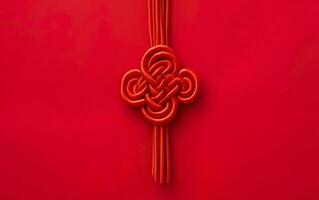Chinesisch Stil symmetrisch Ornament, ein rot Knoten isoliert auf rot Hintergrund. Symbol von gut Glück. ai generativ foto