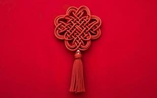 asiatisch symmetrisch Ornament, ein rot Knoten mit Bürste Franse isoliert auf rot Hintergrund. Symbol von gut Glück. ai generativ foto