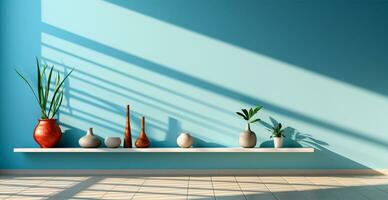 Licht Pastell- Studio Hintergrund zum Produkt Präsentation. leeren Zimmer mit Fenster Schatten - - ai generiert Bild foto