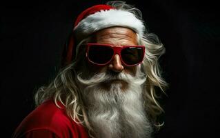 meme Santa Klausel Surfer tragen Sonnenbrille suchen beim das Kamera auf schwarz Hintergrund. ai generativ foto