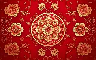 glücklich Chinesisch Neu Jahr Poster. golden Muster isoliert auf rot Tuch. traditionell Textil- Hintergrund. asiatisch elegant Blumen- Textur. Symmetrie, Schönheit. ai generativ foto