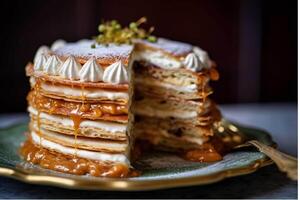 ein Stapel von Honig Kuchen mit Sahne und Sirup generiert mit ai foto