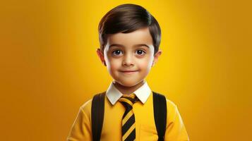 ai generiert süß wenig Mädchen im Schule Uniform mit Gelb Hintergrund, zurück zu Schule Konzept foto