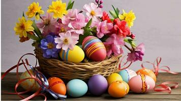 Ostern Eier im Korb mit Blumen und Rosa blühen generiert mit ai foto