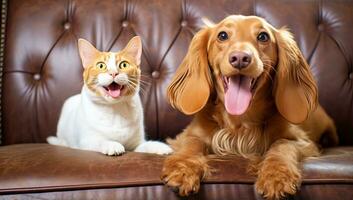 glücklich Cocker Spaniel und Orange Tabby auf Leder Couch. ai generiert. foto