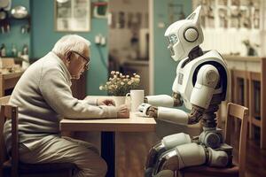 Roboter nehmen Pflege von das Alten im ein Pflege- Zuhause im Zukunft generativ ai, ai generativ foto