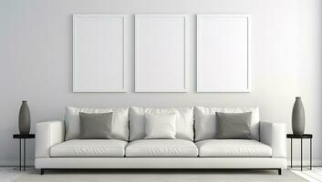 modern minimalistisch Leben Zimmer mit Weiß Couch und leer Rahmen. ai generiert. foto