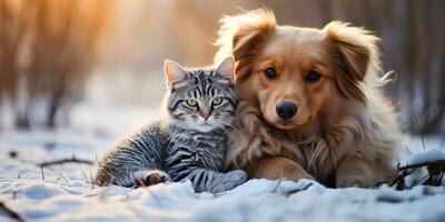 Katze und Hund zusammen im das Winter Wald. ai generiert. foto