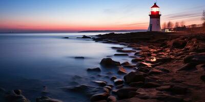 Leuchtturm auf das Ufer von das baltisch Meer beim Sonnenuntergang. ai generiert. foto