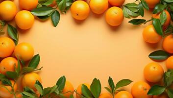 frisch Orange und Blatt Rahmen auf Pfirsich Hintergrund. ai generiert. foto