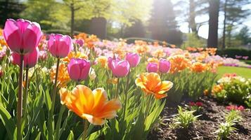 Rosa und Orange Tulpen Blühen im Garten. ai generiert. foto