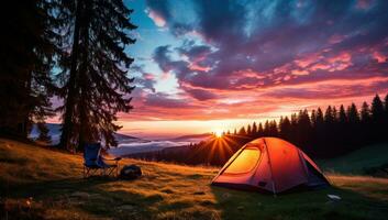 Sonnenaufgang Camping im das Berge. ai generiert. foto