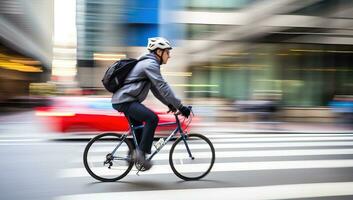 Mann Reiten Fahrrad im Stadt. ai generiert. foto