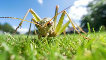 Nahansicht von Heuschrecke im Gras. ai generiert. foto