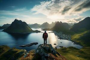 Mann Stehen auf das oben von ein Berg und genießen das Aussicht ai generiert foto