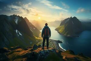 Mann Stehen auf das oben von ein Berg und genießen das Aussicht ai generiert foto