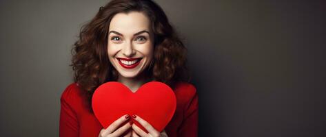 Porträt von ein glücklich Frau mit rot Herz.Valentinstag Tag Konzept ai generiert foto