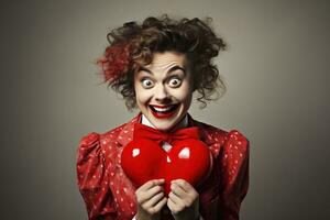 Porträt von ein glücklich Frau mit rot Herz.Valentinstag Tag Konzept ai generiert foto